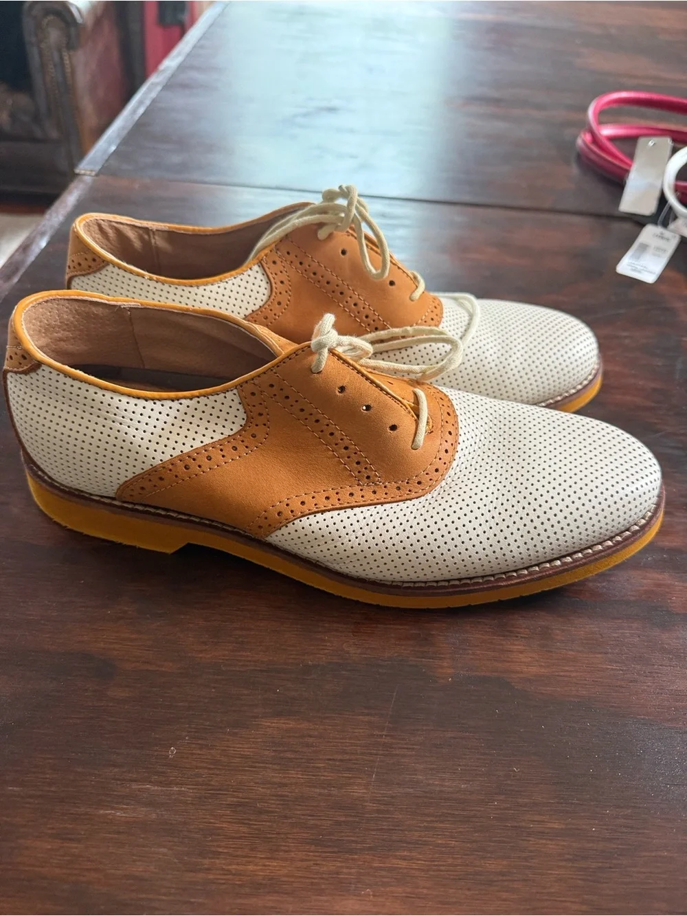 Bass Two-Tone Perforated Wingtip Oxfords - White & Tan